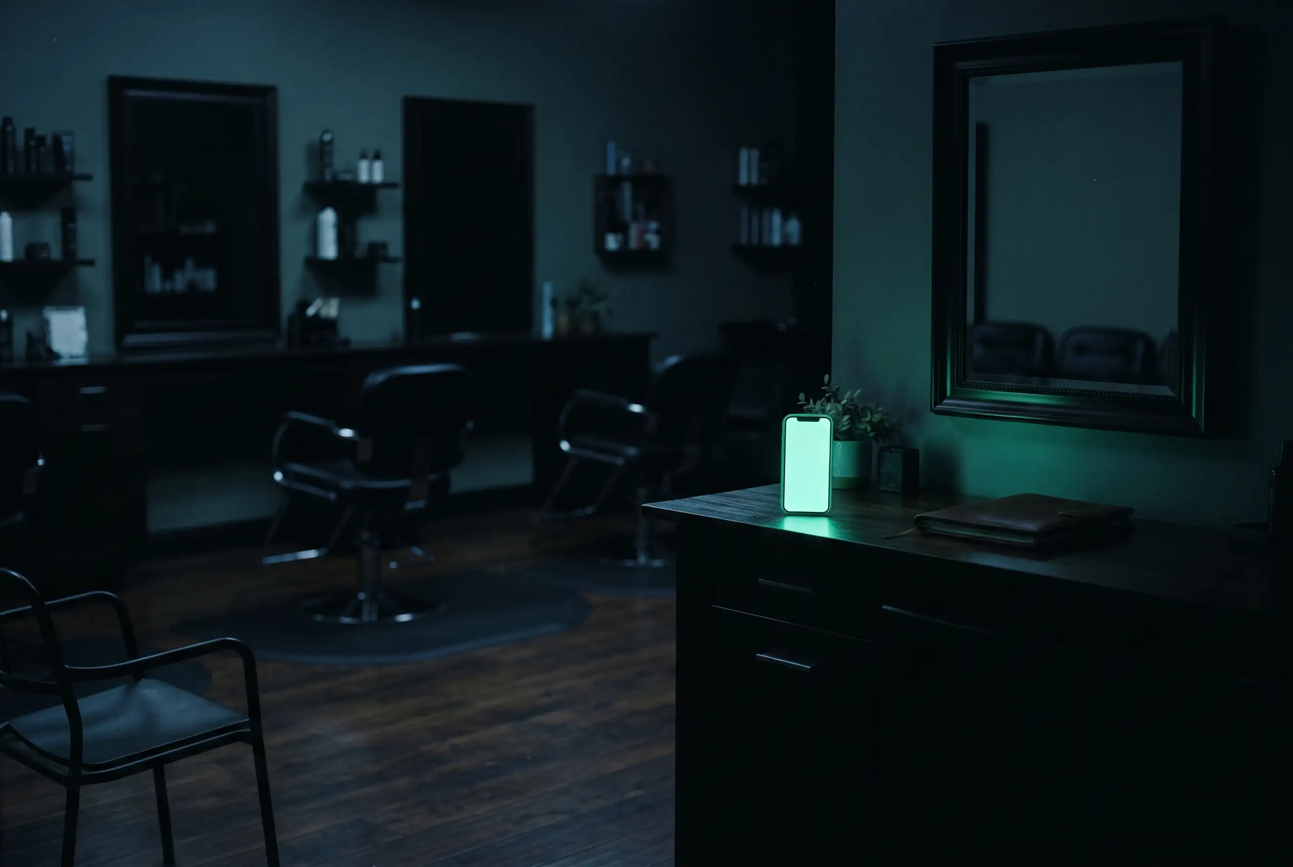 A salon after closing, styling chairs and mirrors dark, a phone glowing at the reception desk.